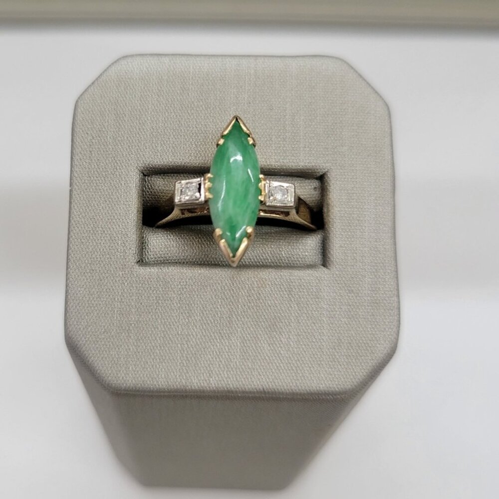 Marquise Shaped Jadeite Gemstone with 2 Melee Diamomds Ring - 14kt Yellow Gold